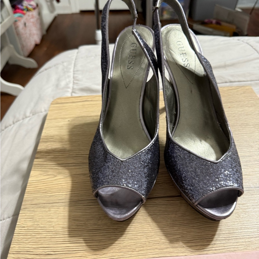 Guess Silver Glitter Slingback Heels